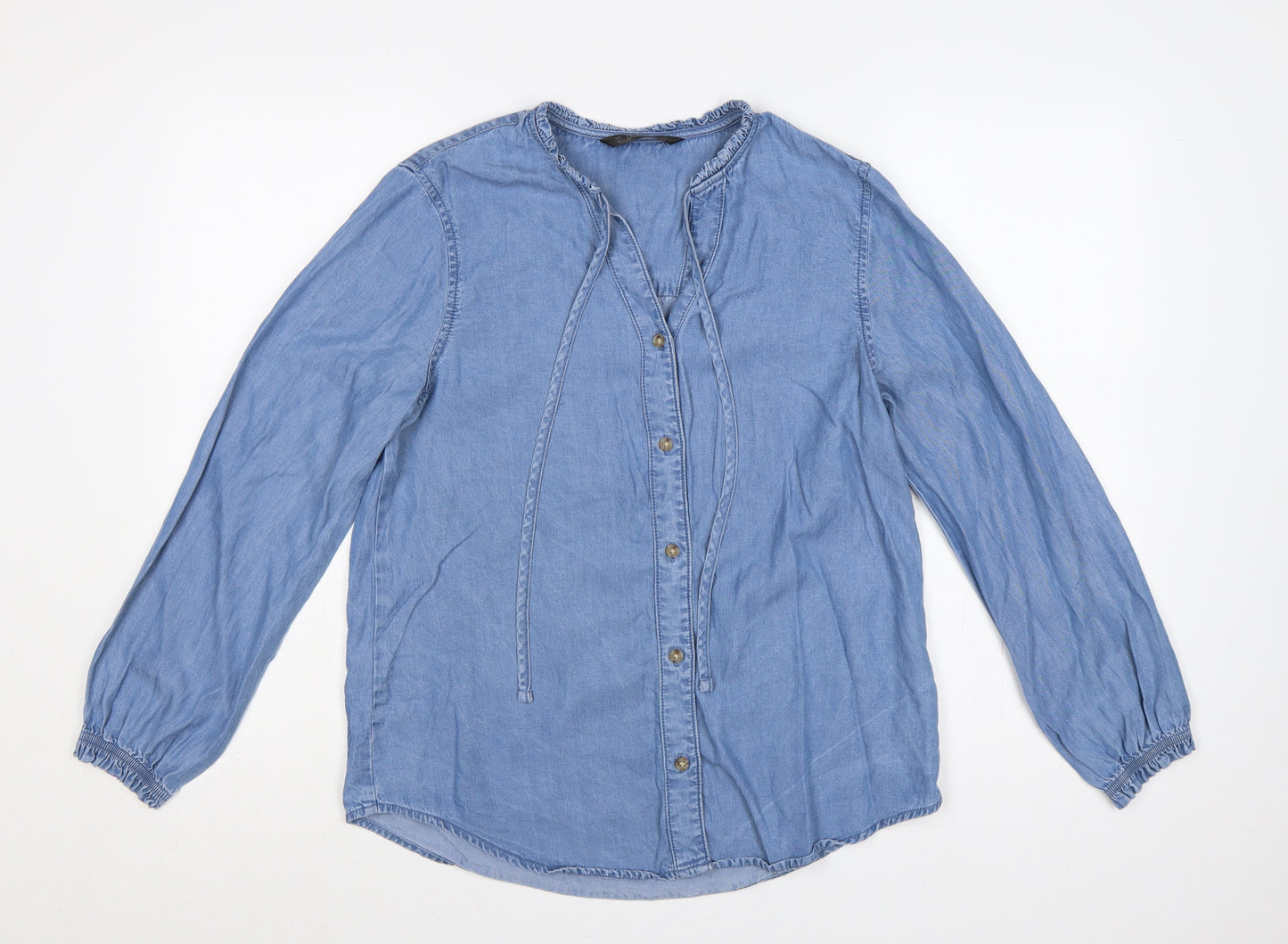 Dunnes Stores Women Blue S Lyocell Chambray Ruffle Button-Up Shirt