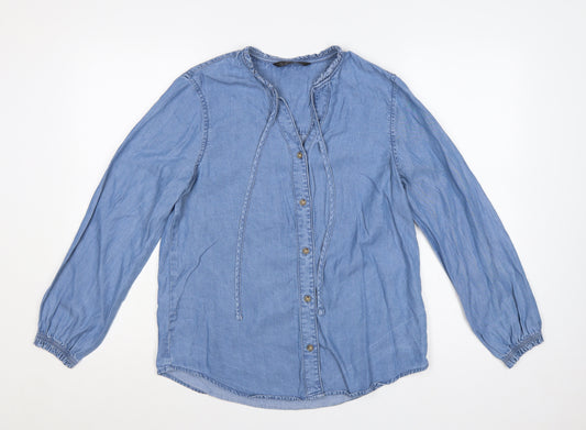 Dunnes Stores Women Blue S Lyocell Chambray Ruffle Button-Up Shirt