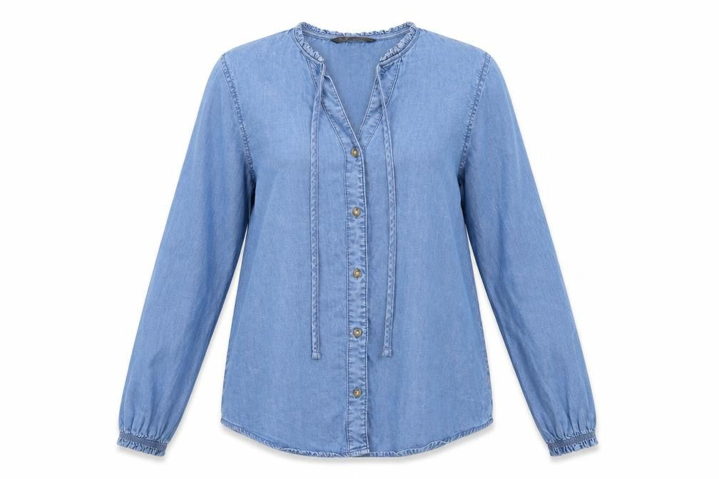 Front view of Dunnes Women Blue S Lyocell Chambray Ruffle Button-Up Shirt