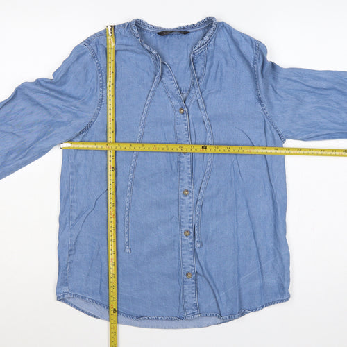 Dunnes Stores Women Blue S Lyocell Chambray Ruffle Button-Up Shirt
