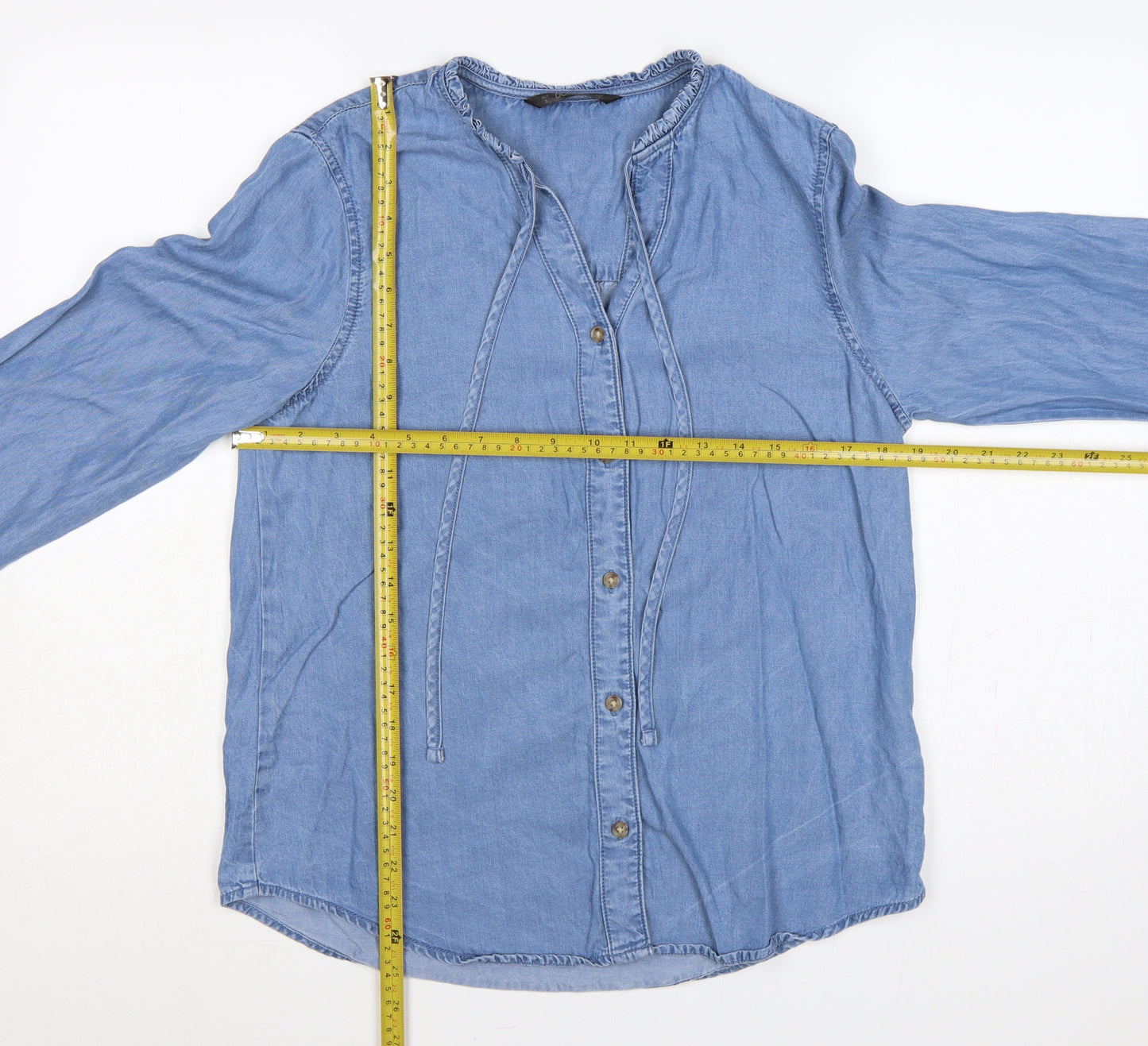 Dunnes Stores Women Blue S Lyocell Chambray Ruffle Button-Up Shirt