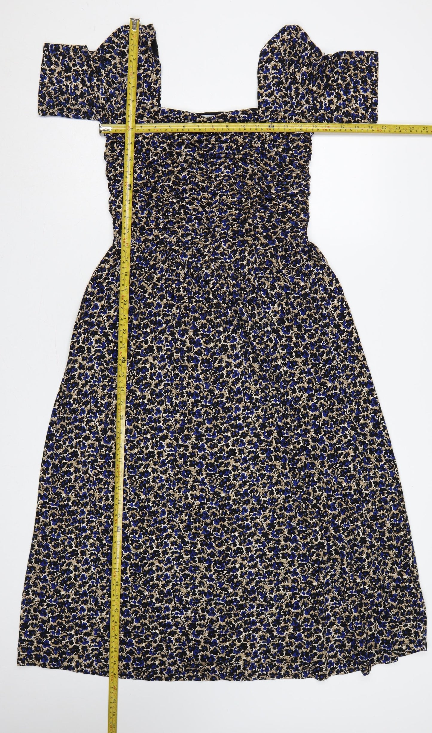 Jigsaw Women Blue Floral Ruched Fit & Flare Maxi Dress Size S