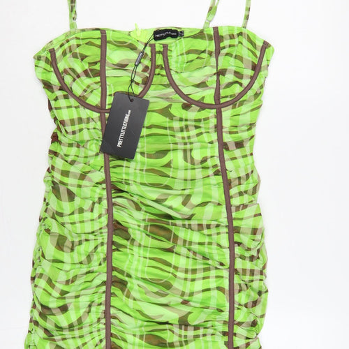 PrettyLittleThing Women Green Zebra Mesh Ruched Bodycon Mini Dress UK 16