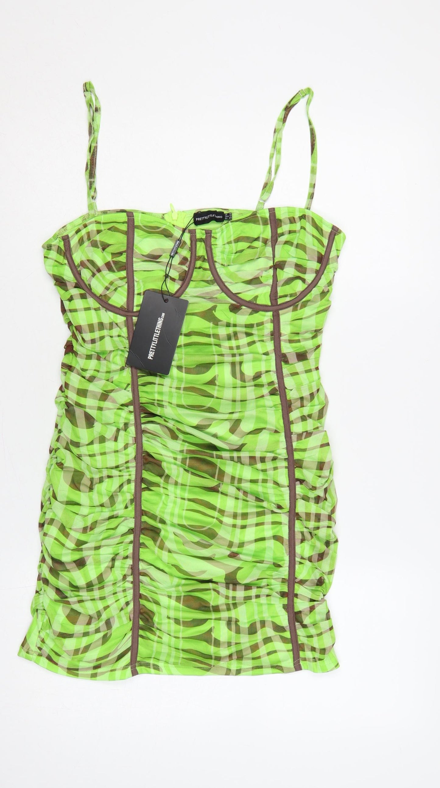PrettyLittleThing Women Green Zebra Mesh Ruched Bodycon Mini Dress UK 16