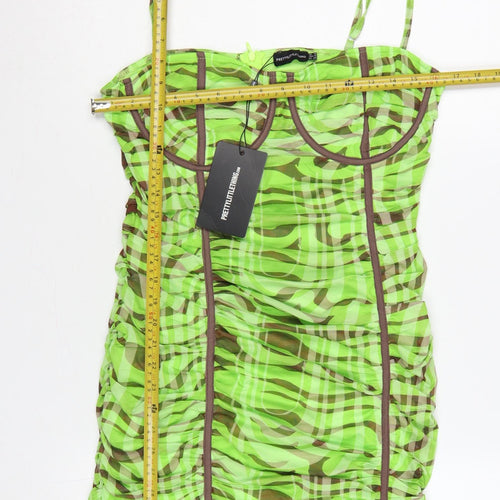 PrettyLittleThing Women Green Zebra Mesh Ruched Bodycon Mini Dress UK 16