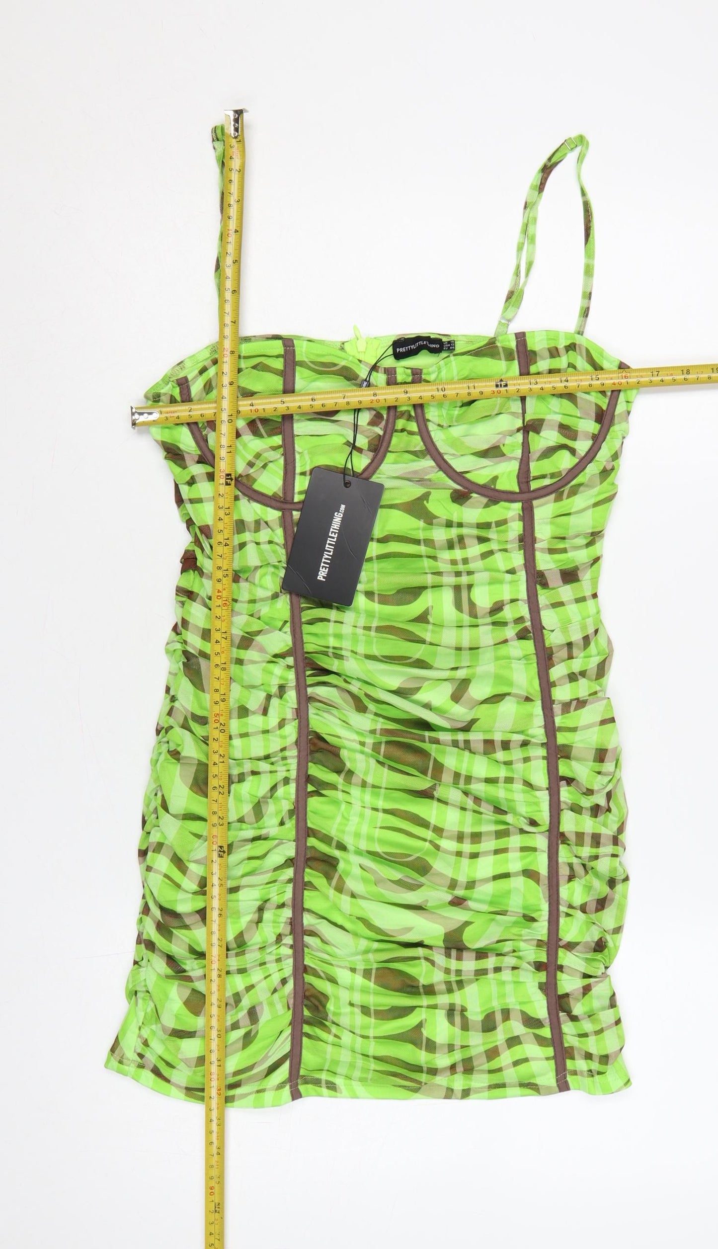 PrettyLittleThing Women Green Zebra Mesh Ruched Bodycon Mini Dress UK 16