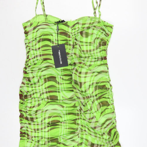 PrettyLittleThing Women Green Zebra Mesh Ruched Bodycon Mini Dress UK 16