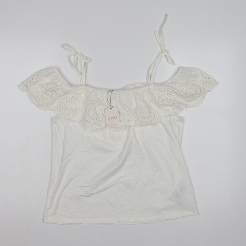 Oasis Women White M Cotton Broderie Anglaise Ruffle Tie Strap Camisole Top