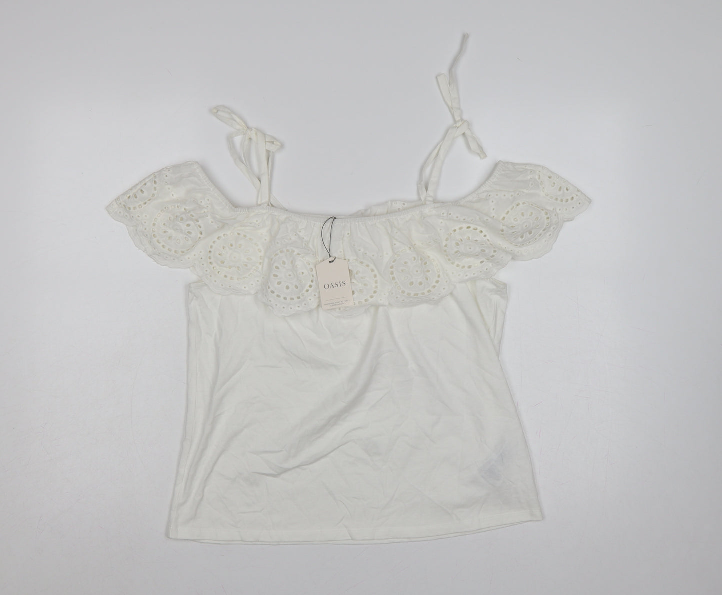 Oasis Women White M Cotton Broderie Anglaise Ruffle Tie Strap Camisole Top