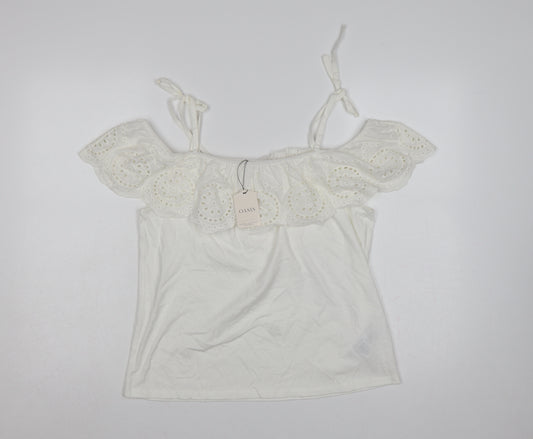 Oasis Women White M Cotton Broderie Anglaise Ruffle Tie Strap Camisole Top
