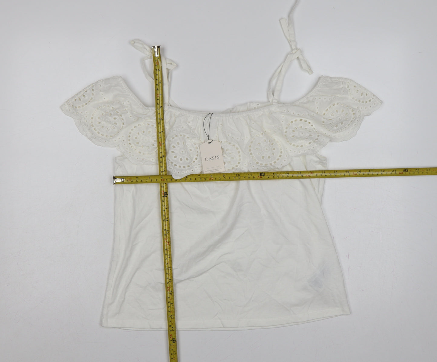 Oasis Women White M Cotton Broderie Anglaise Ruffle Tie Strap Camisole Top