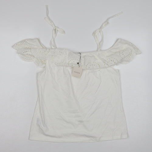 Oasis Women White M Cotton Broderie Anglaise Ruffle Tie Strap Camisole Top
