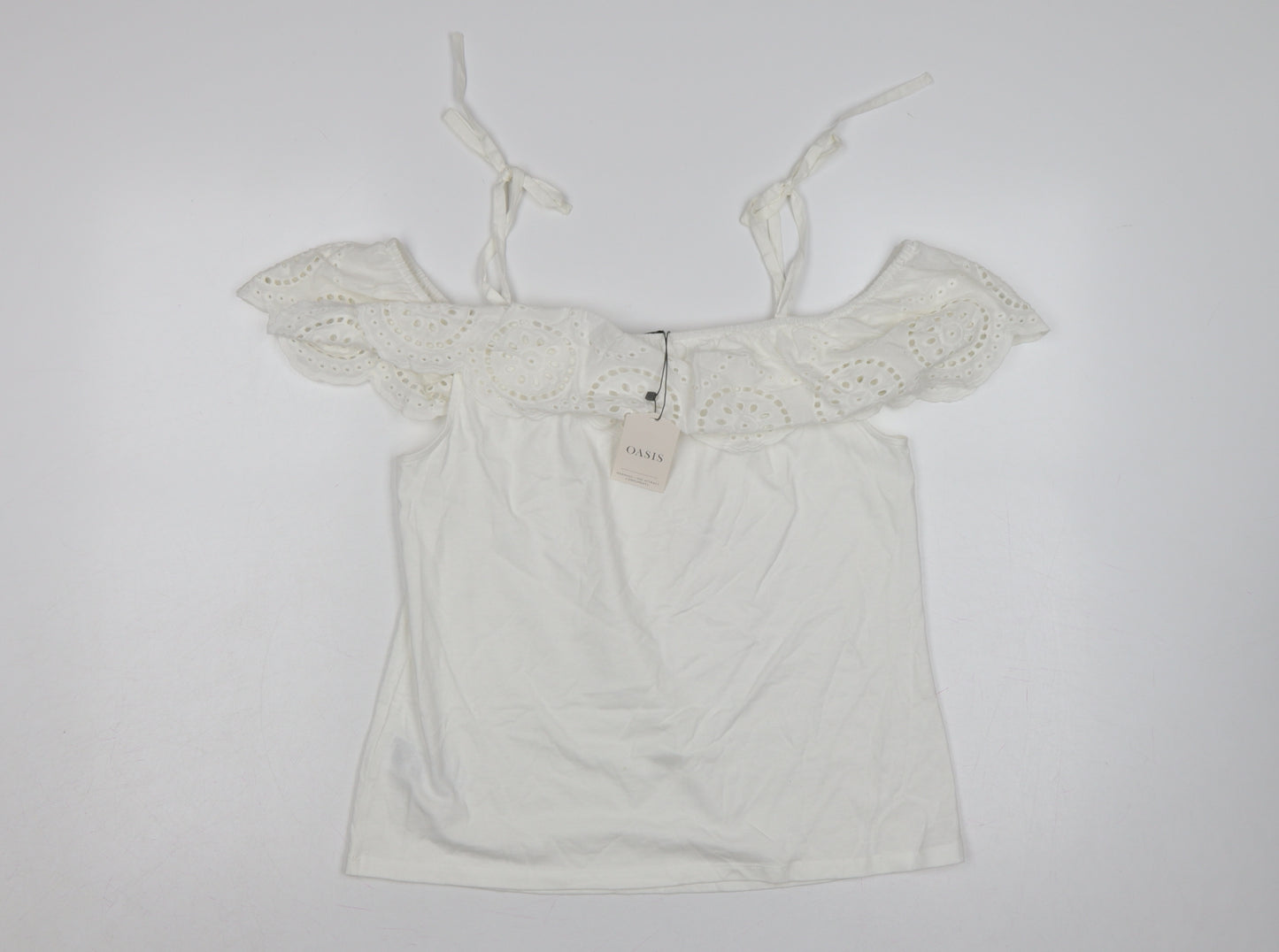 Oasis Women White M Cotton Broderie Anglaise Ruffle Tie Strap Camisole Top