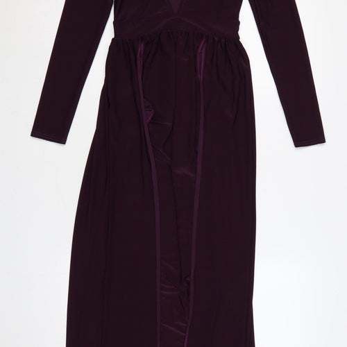 Boohoo Night Women Purple UK 8 Maxi V-Neck Plunge Split Long Sleeve Dress