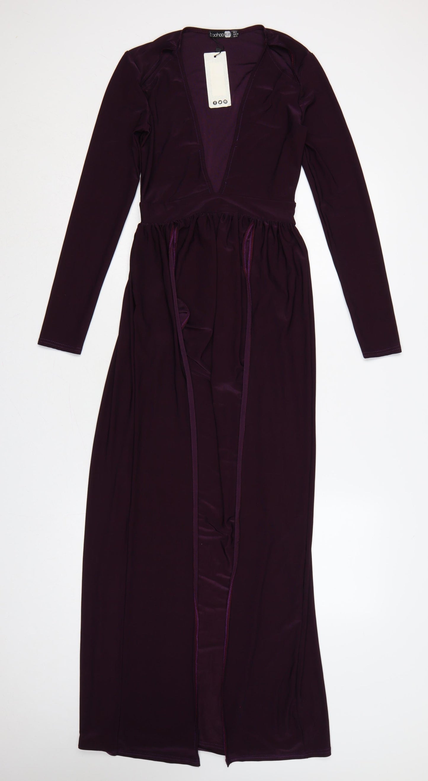 Boohoo Night Women Purple UK 8 Maxi V-Neck Plunge Split Long Sleeve Dress