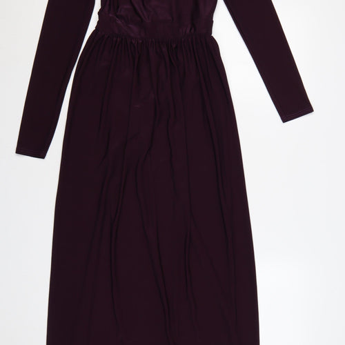 Boohoo Night Women Purple UK 8 Maxi V-Neck Plunge Split Long Sleeve Dress