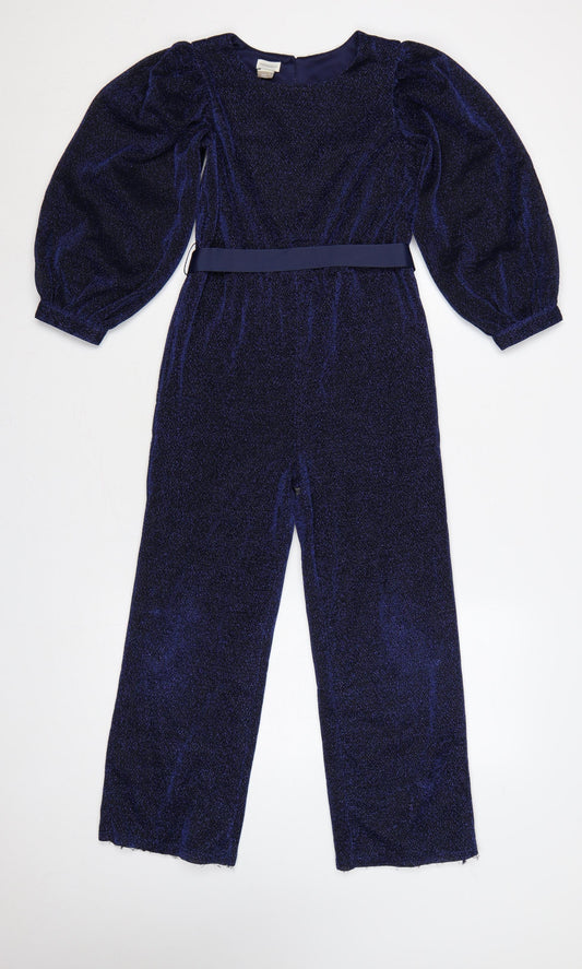 Monsoon Girls Blue Glitter Velour Belted Jumpsuit 9-10 Years Party