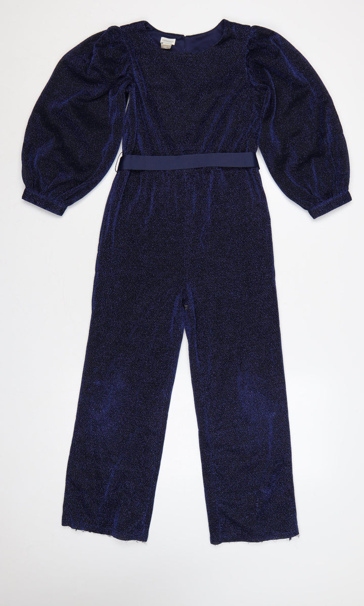 Monsoon Girls Blue Glitter Velour Belted Jumpsuit 9-10 Years Party