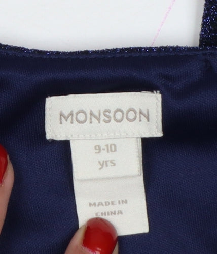 Monsoon Girls Blue Glitter Velour Belted Jumpsuit 9-10 Years Party