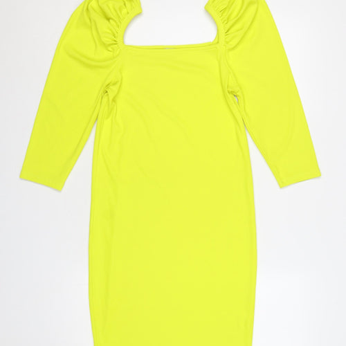 River Island Women Yellow UK 14 Bodycon Ribbed Square Neck Dress