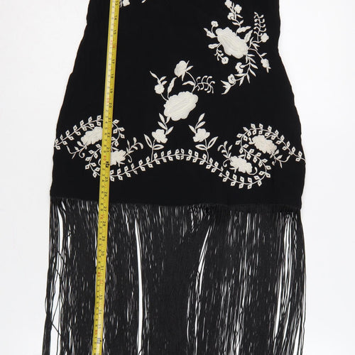 Nasty Gal Women Black UK 8 Floral Embroidered Fringe Slip Dress