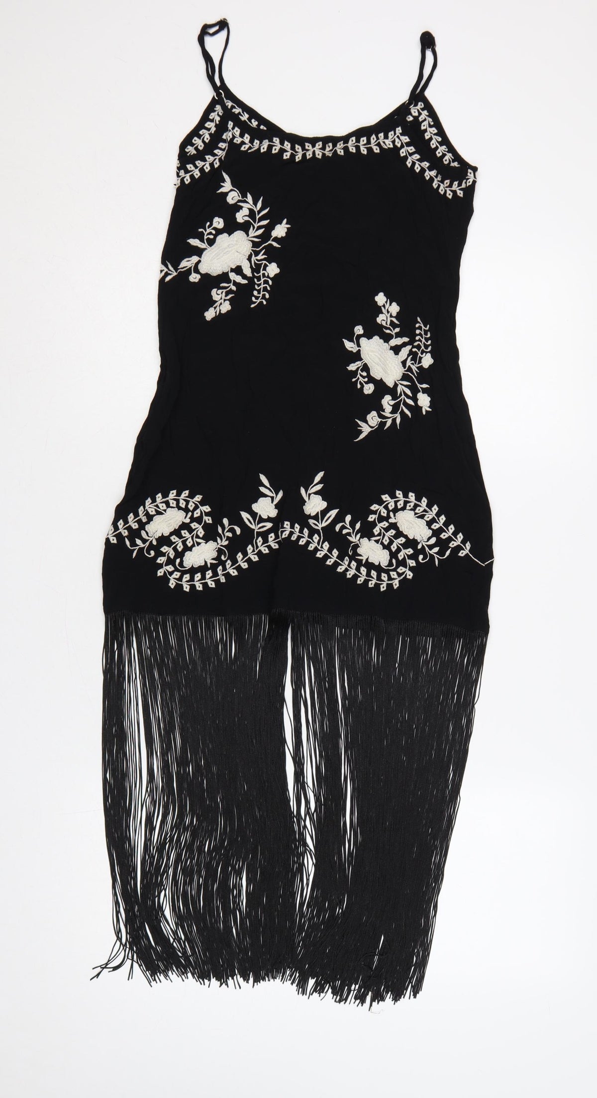 Nasty Gal Women Black UK 8 Floral Embroidered Fringe Slip Dress