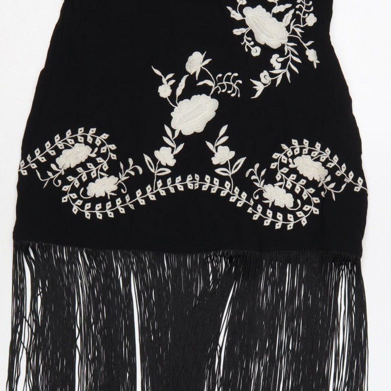 Nasty Gal Women Black UK 8 Floral Embroidered Fringe Slip Dress