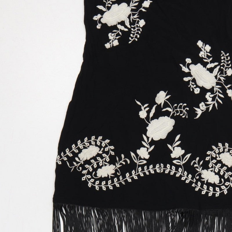 Nasty Gal Women Black UK 8 Floral Embroidered Fringe Slip Dress