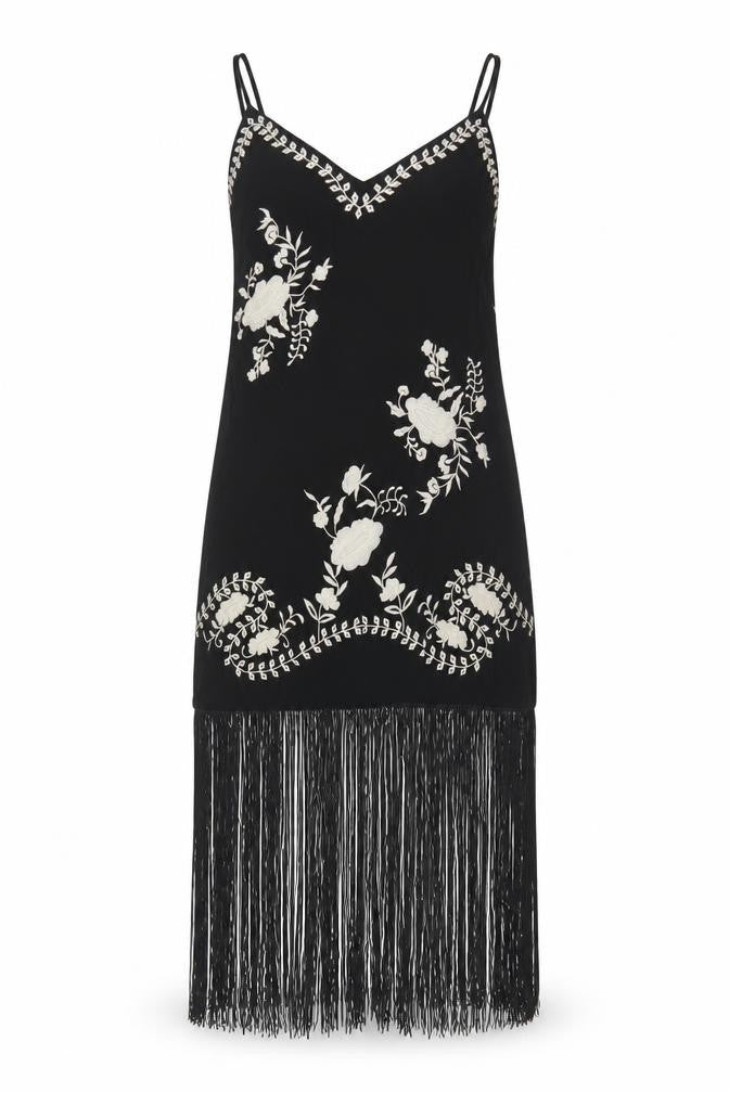 Nasty Gal Women Black UK 8 Floral Embroidered Fringe Slip Dress