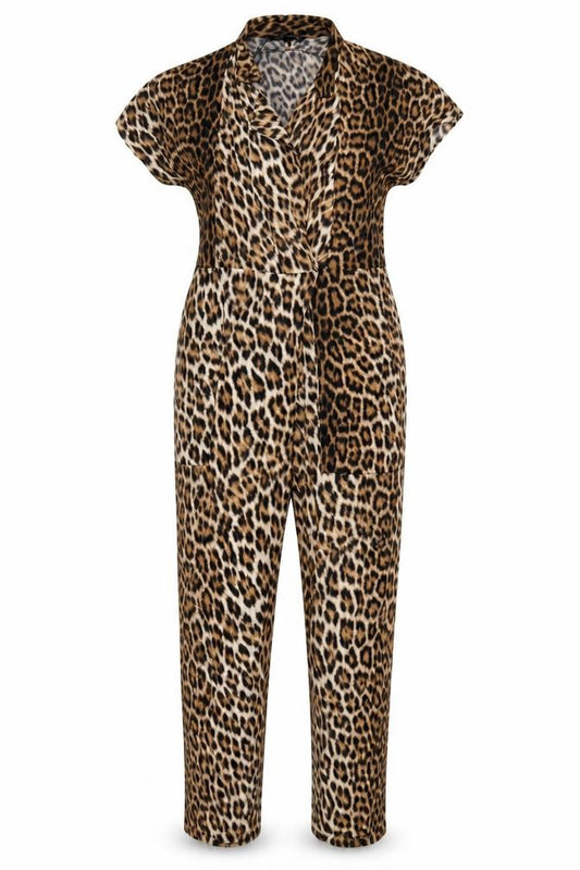 Zara Woman Women's Brown Leopard Print V-Neck Tapered Jumpsuit S