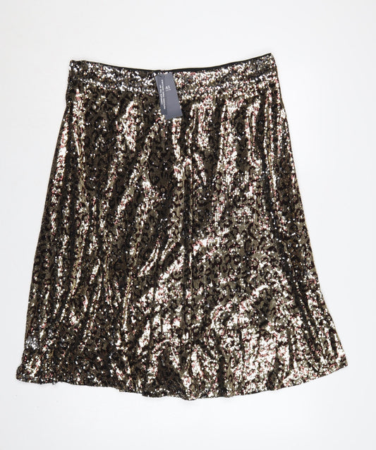 M&S Women Gold Sequin Leopard Print A-Line Midi Skirt Size 18