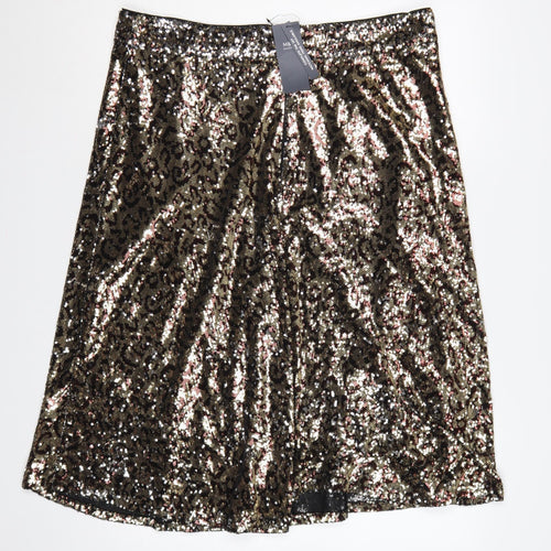 M&S Women Gold Sequin Leopard Print A-Line Midi Skirt Size 18