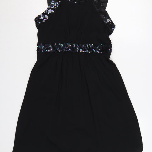 Monsoon Fusion Women Black UK 12 Long Sequin Chiffon A-Line Party Dress