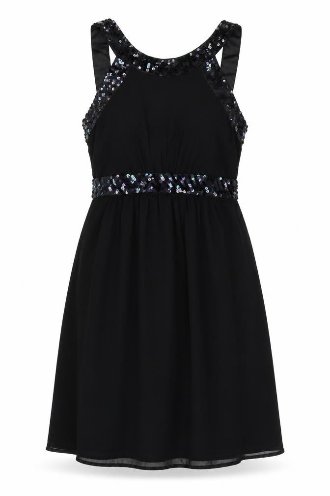 Monsoon Fusion Women Black UK 12 Long Sequin Chiffon A-Line Party Dress
