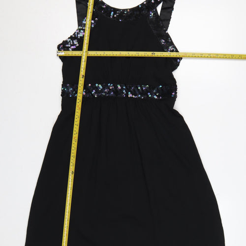Monsoon Fusion Women Black UK 12 Long Sequin Chiffon A-Line Party Dress