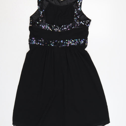 Monsoon Fusion Women Black UK 12 Long Sequin Chiffon A-Line Party Dress