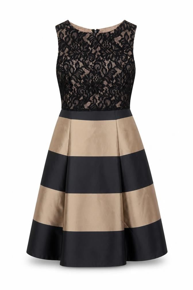 Coast Women Black Beige UK 12 A-Line Lace Colourblock Occasion Dress