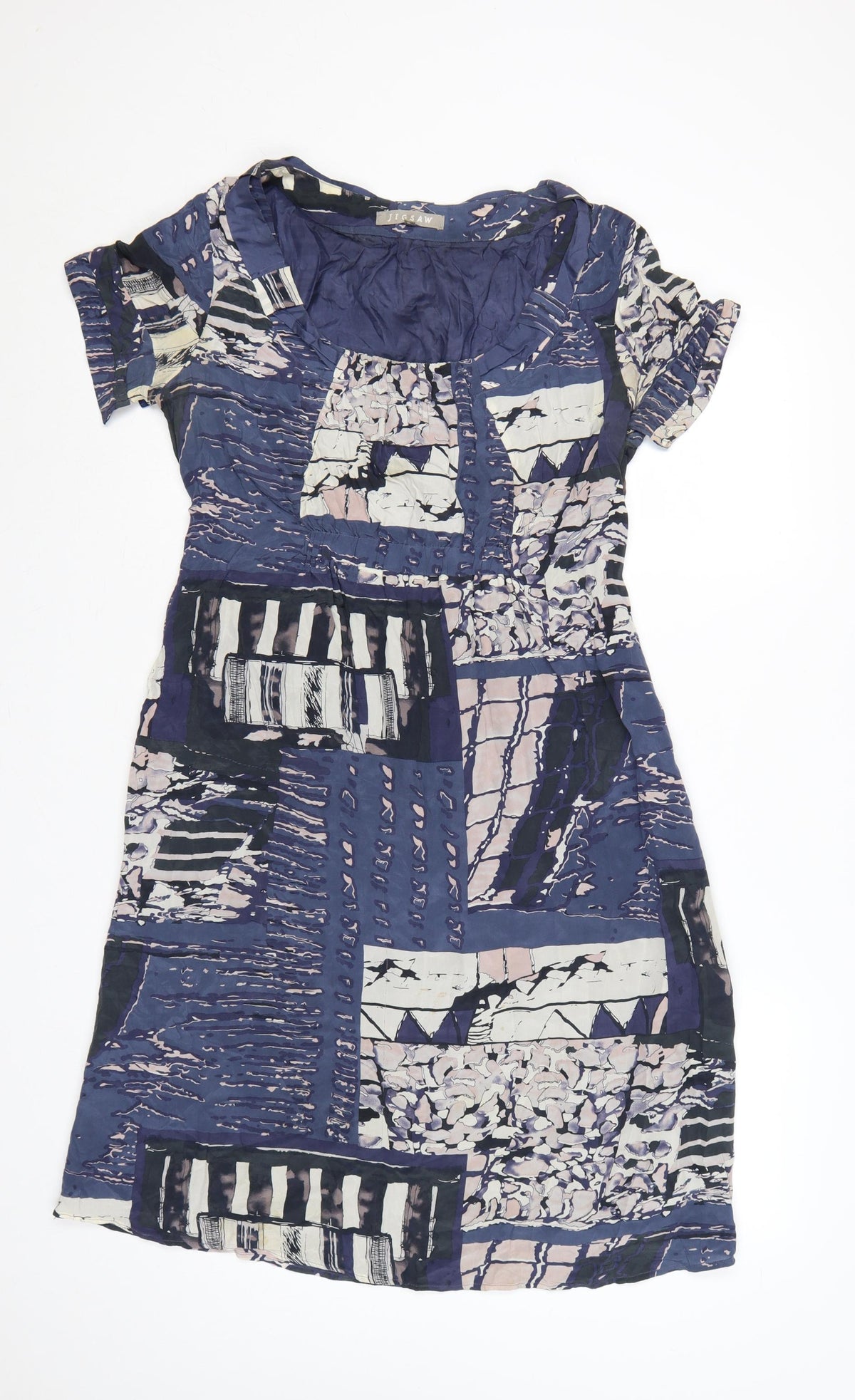 Additional front view of Jigsaw Women’s Blue Silk Patchwork Shift Dress, size UK 12, Knee Length