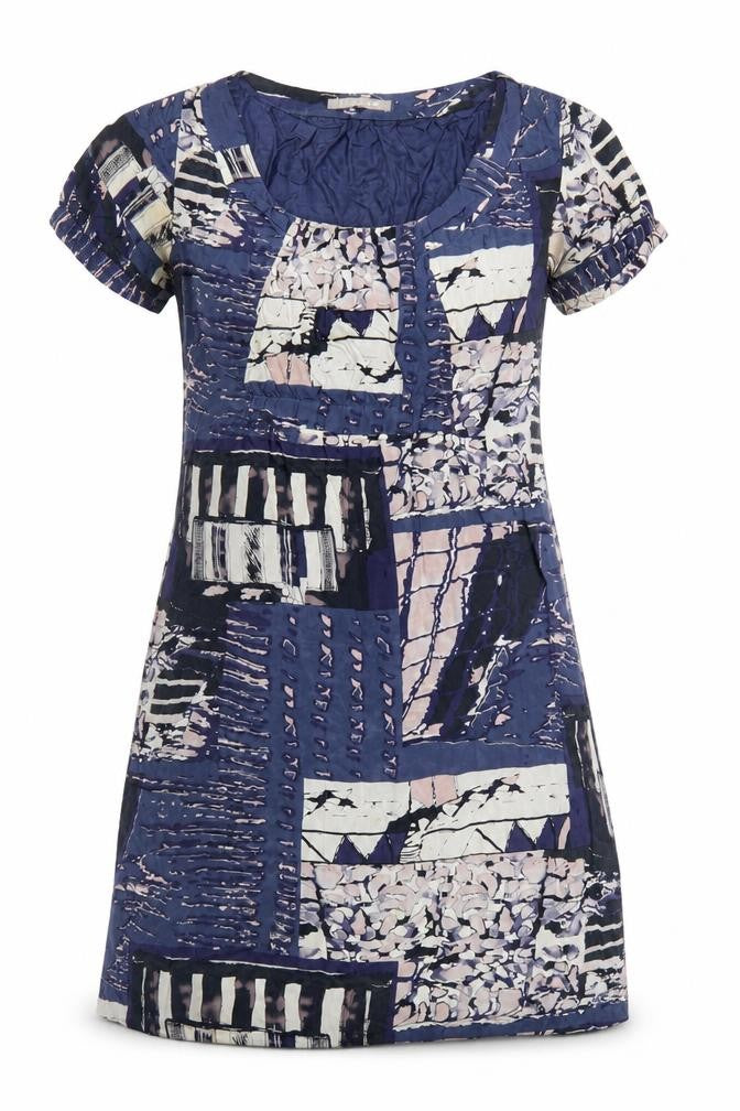 Front view of Jigsaw Women’s Blue Silk Patchwork Shift Dress, size UK 12, Knee Length
