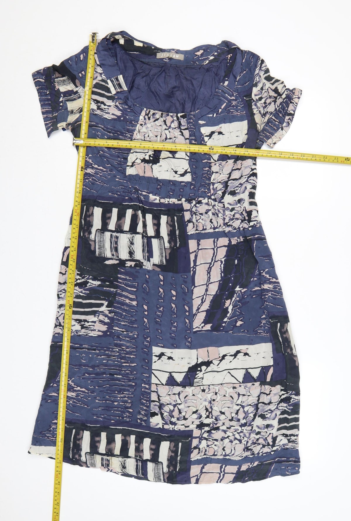 Back view of Jigsaw Women’s Blue Silk Patchwork Shift Dress, size UK 12, Knee Length