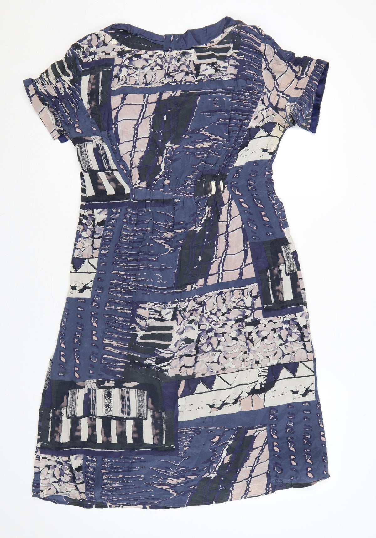 Close-up detail of Jigsaw Women’s Blue Silk Patchwork Shift Dress, size UK 12, Knee Length