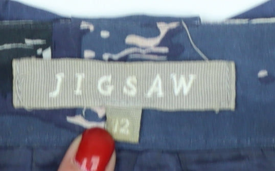 Brand and care label for Jigsaw Women’s Blue Silk Patchwork Shift Dress, size UK 12, Knee Length