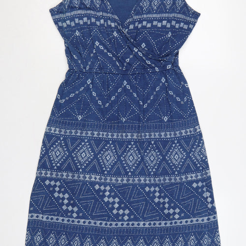 Fat Face Women Blue UK 12 Geometric Cotton Fit & Flare Long Dress