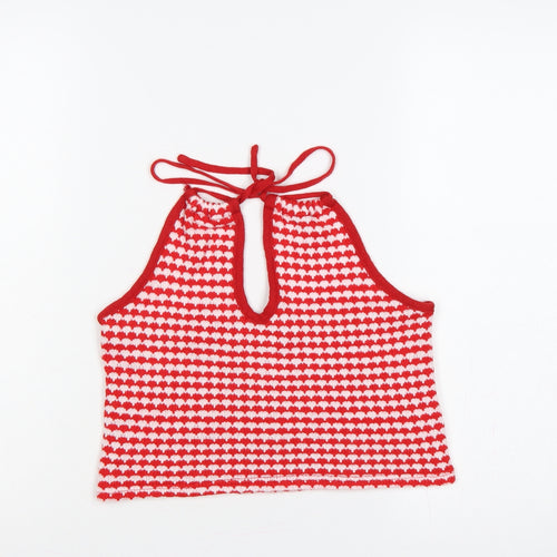Zara Women Red White Striped Knit Halter Tie Back Camisole Tank Top L