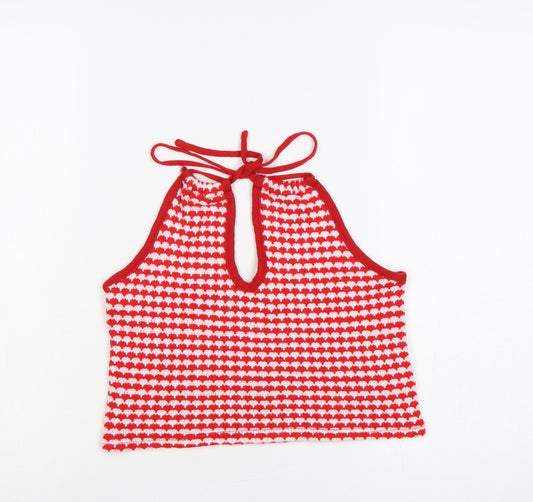 Zara Women Red White Striped Knit Halter Tie Back Camisole Tank Top L