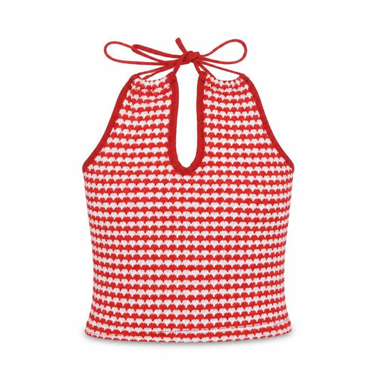 Front view of Zara Women Red White Striped Knit Halter Tie Back Camisole Tank Top L