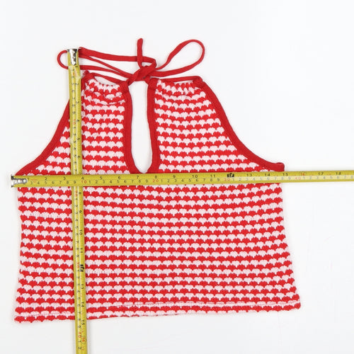 Zara Women Red White Striped Knit Halter Tie Back Camisole Tank Top L