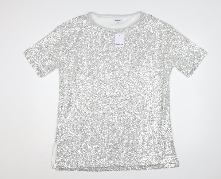 Simply Be Women Silver UK 12 Sequin Short Sleeve Round Neck Party Top