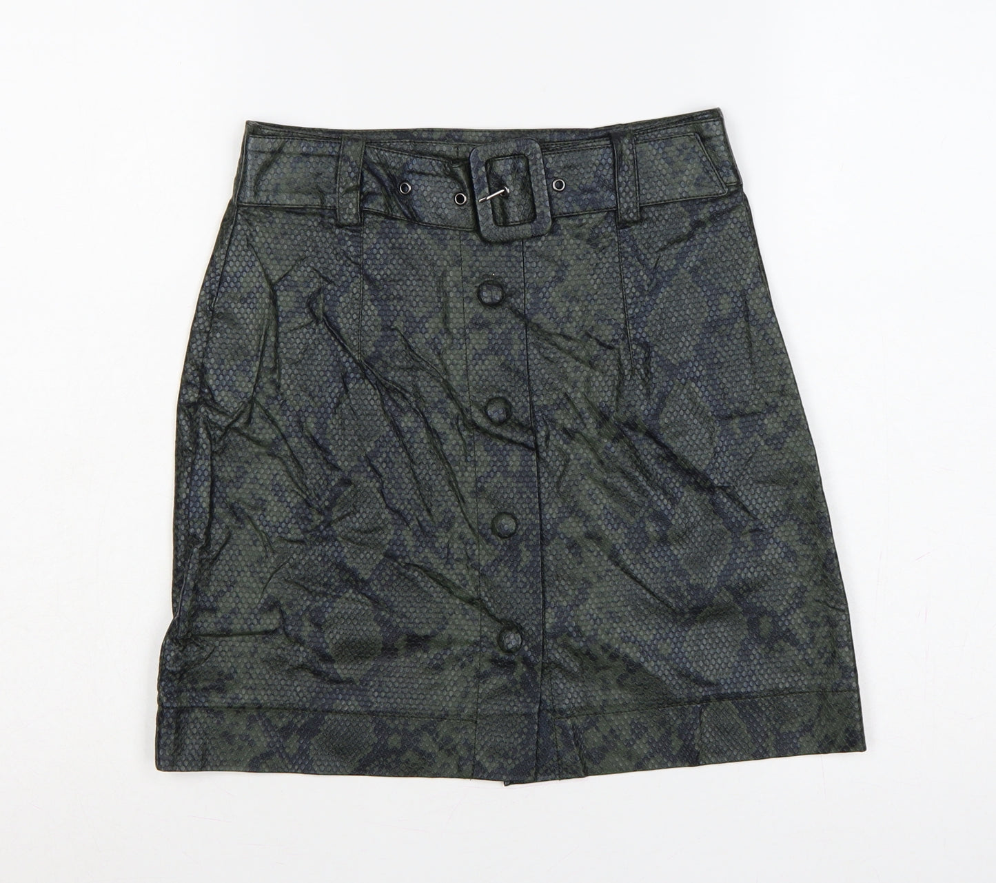 Topshop Women Green Snake Print Faux Leather Mini Pencil Skirt UK 6