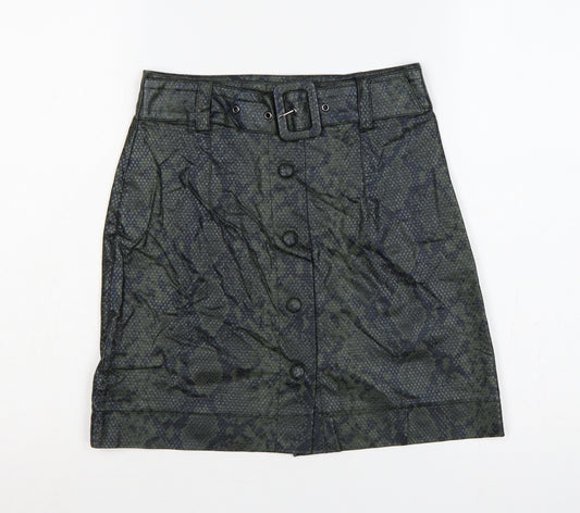 Topshop Women Green Snake Print Faux Leather Mini Pencil Skirt UK 6